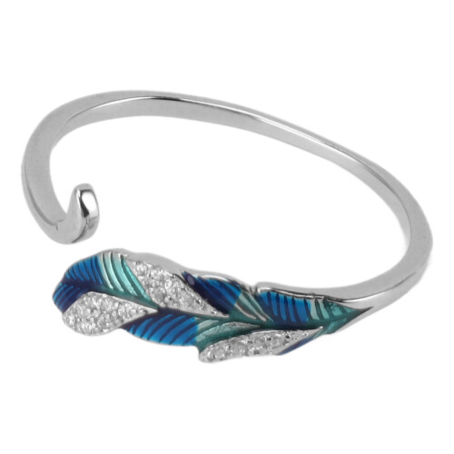 Open Ring S925 Silver Platinum Blue Green Gradient Feather Adjustable 2
