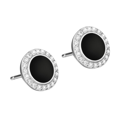Silver Round Stud Earrings Rhinestone Black 1