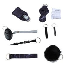 (Black) 9pcs Safety Keychain Set Loud Alarm Whistle PU Leather Purple