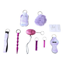(Purple) 9pcs Safety Keychain Set Loud Alarm Whistle PU Leather Purple