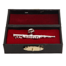 Silver Flute Brooch Mini Musical Lapel Pin with Velvet Case
