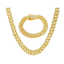 (Gold 50CM 20CM) 2Pcs Cuban Link Chain Rhinestone Necklace Bracelet Set Gold 50CM 20CM