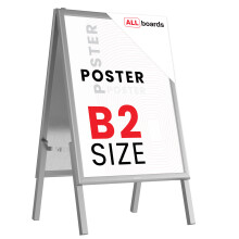 B2 size, double-sided, snap frame A-board in a silver aluminium frame