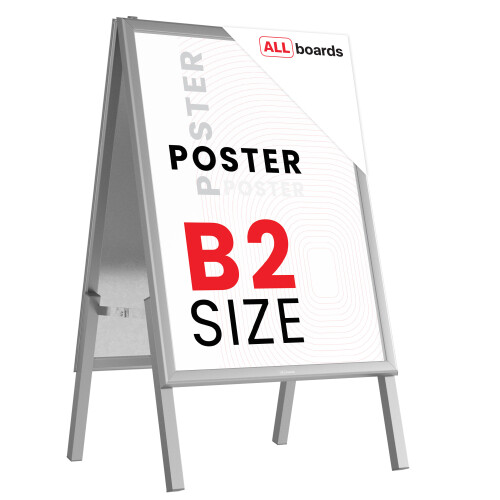 B2 size, double-sided, snap frame A-board in a silver aluminium frame