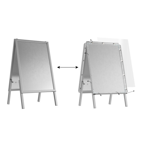 B2 size, double-sided, snap frame A-board in a silver aluminium frame 2
