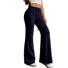 Women's Drawstring Waist Bell Bottom Flare Leg-Dark Blue M