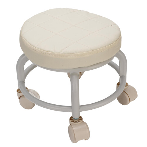 Niedriger Hocker mit Rollen, PU-Leder, rund, Beige 2