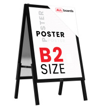 B2 size, double-sided, snap frame A-board in a black aluminium frame