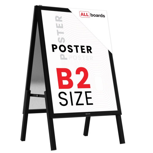 B2 size, double-sided, snap frame A-board in a black aluminium frame