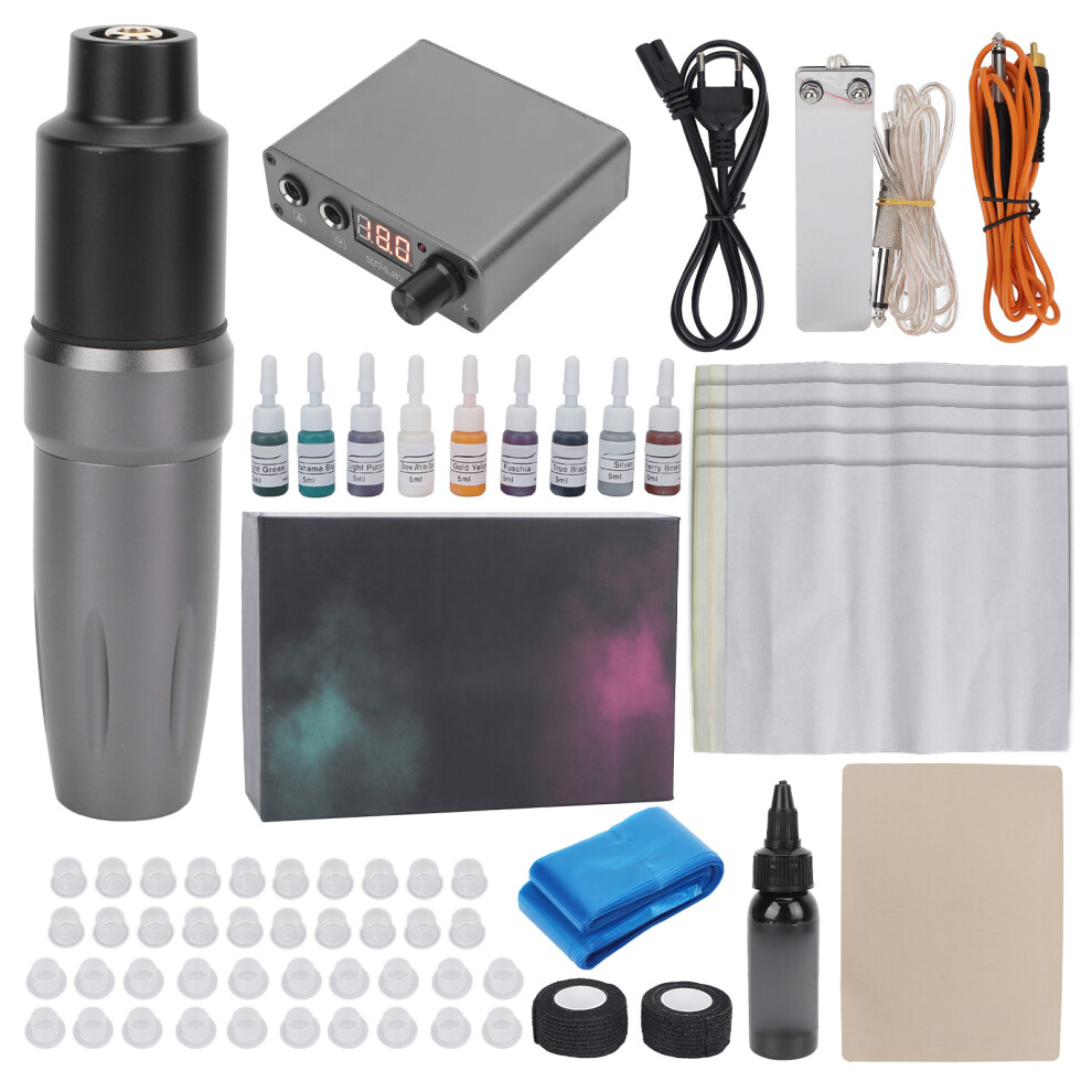 (EU Plug) Rotary Tattoo Pen Kit Foot Pedal Power Supply 100-240V EU Plug