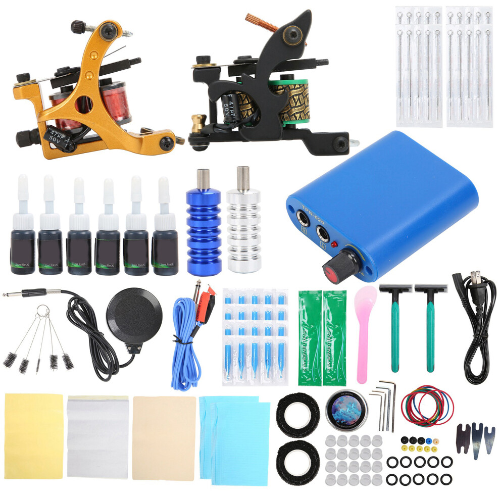 (US Plug) Coil Tattoo Machine Set Foot Pedal Needle Power Supply 90-265V EU Plug