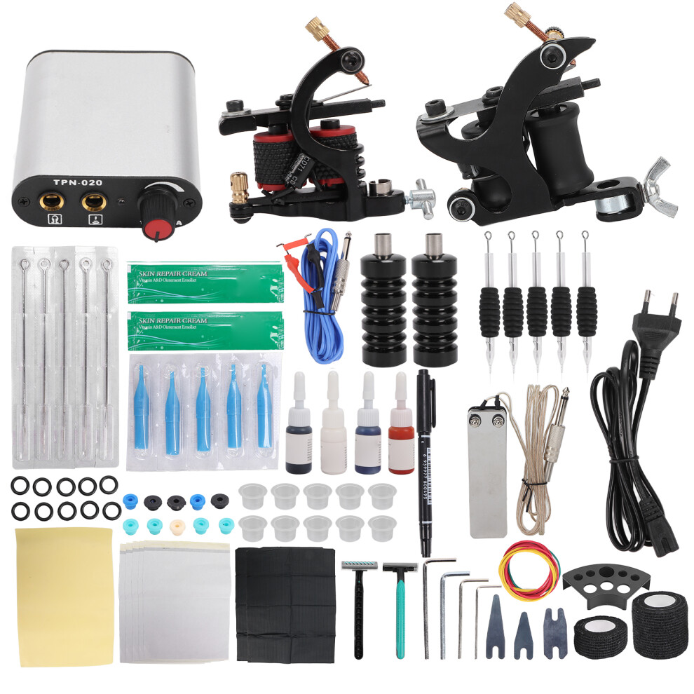 (EU Plug) Tattoo Machine Kit Shader Liner Coil Power Supply EU Plug