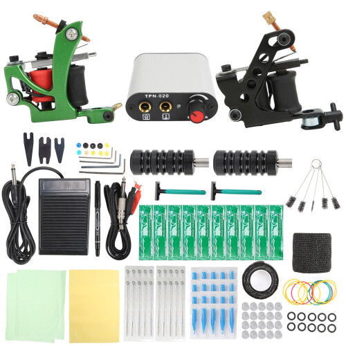 (US Plug) 8/10 Wrap Coil Tattoo Machine Kit 90-265V 2