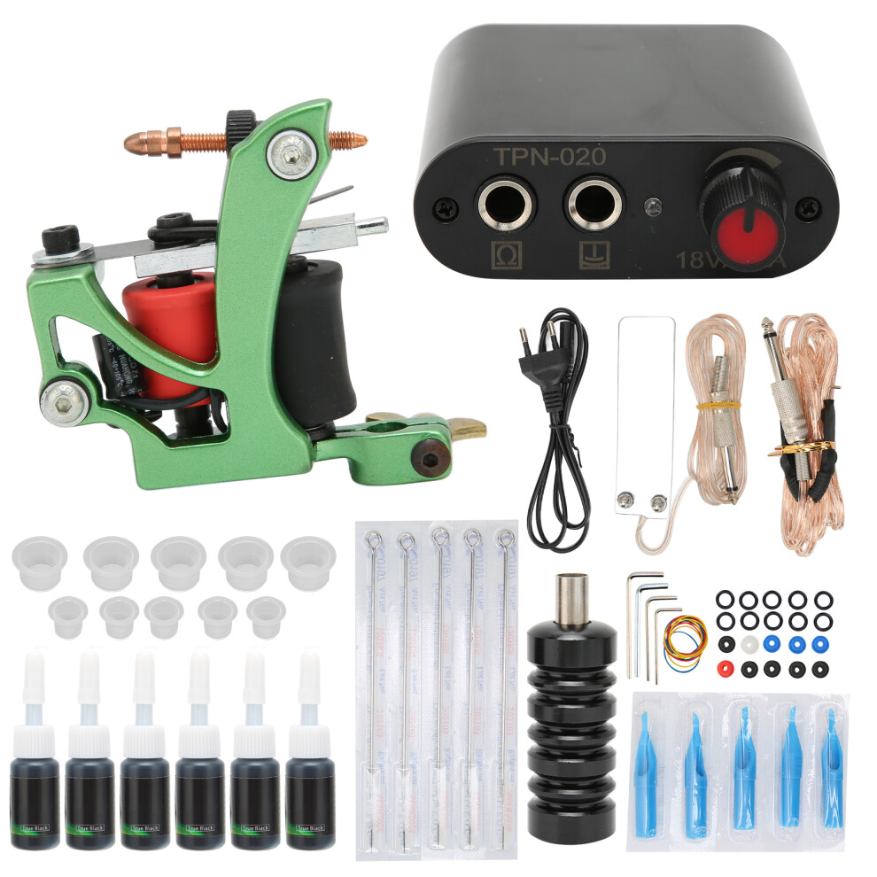 (EU Plug) Tattoo Starter Kit Machine Gun 6 Inks Power Supply Pedal