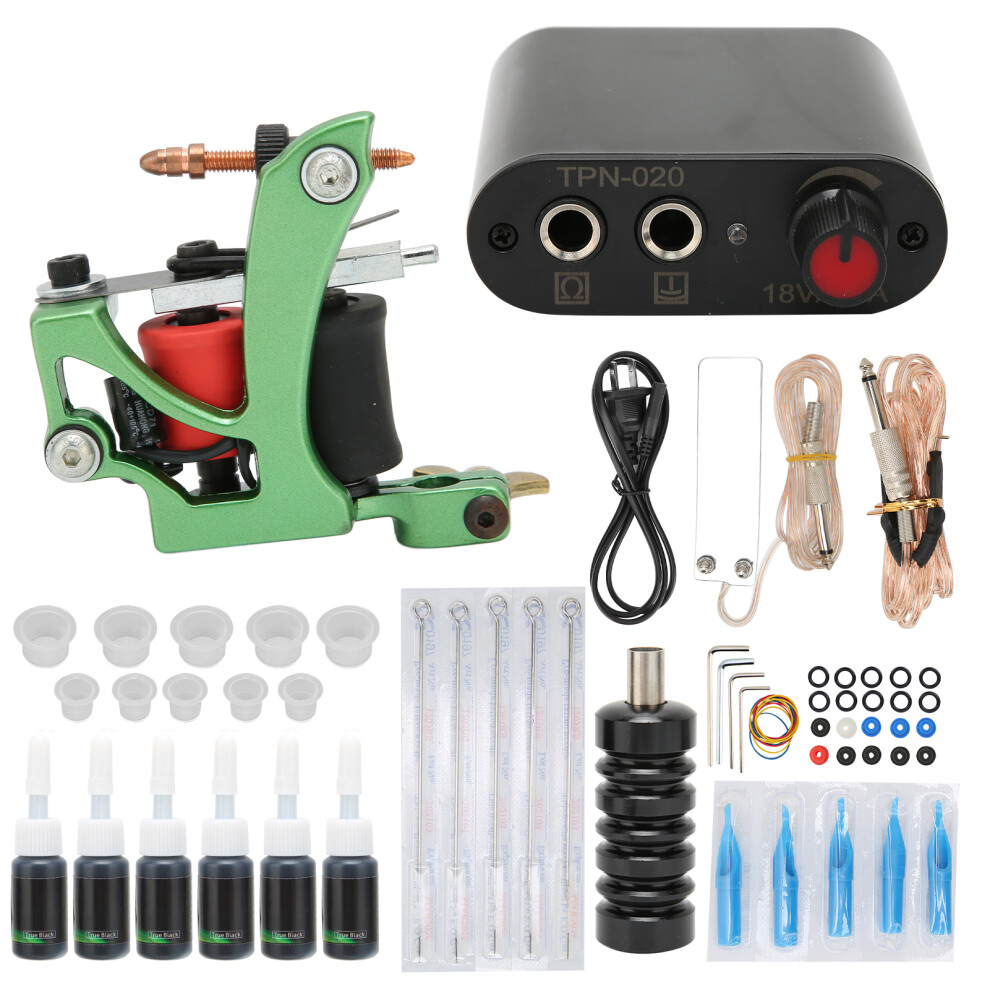 (US Plug) Tattoo Starter Kit Machine Gun 6 Inks Power Supply Pedal