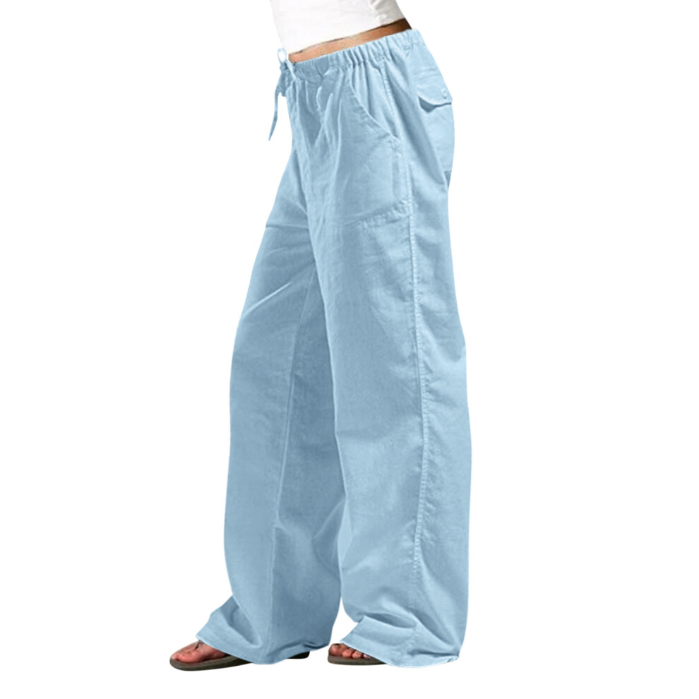 Women's Cotton Linen Pants Elastic Waist Light Blue XXL-image-OPC-PMMGWPW-NEW