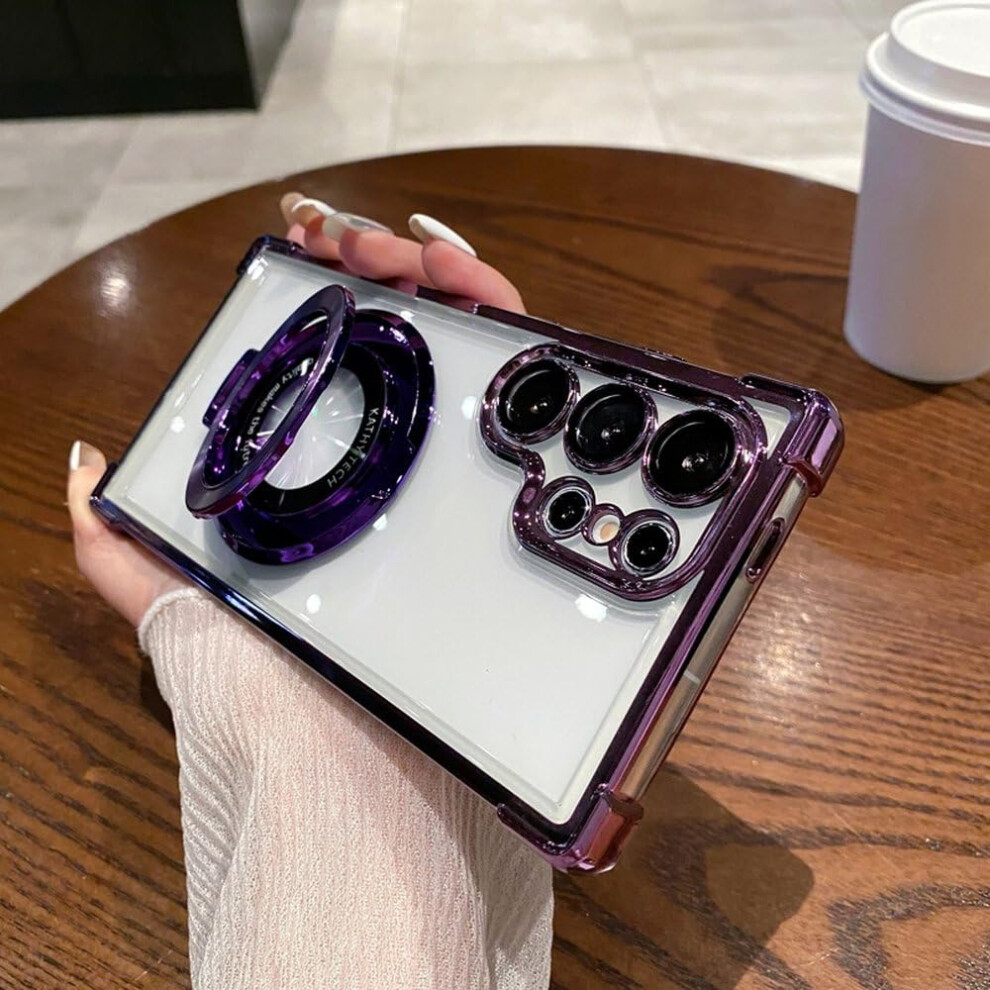 Four Corners Anti Drop Transparent Electroplated Magnetic Stand Protective Case For S25 S24 S23 S22 Ultra Dark Purple 9354506633547