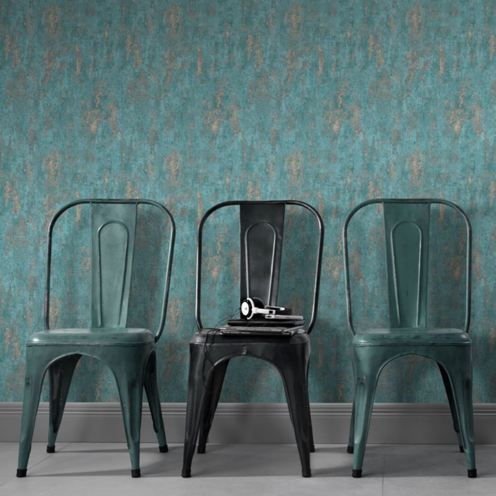 Blue Concrete Effect Wallpaper Gold Shimmer Vinyl 5061103676603