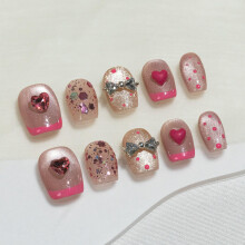 Sun&Beam Nails Rucne vyrben natlacovac krtk rakve Balerna Pink French Sweet Heart Design Mda Tipy na falen nehty Sada 10 ks (#252 M)