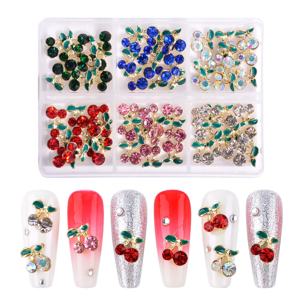 Qimyar Nail Art Rhinestones Gold 3D Cherry Nail Charms, 60Pcs Cherry Crystal Diamond Fruit Charm For Nails Design Metal Alloy Rhinestone Jewelry Diy Crafts S