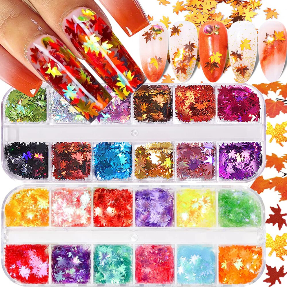 Qdsuh Orange/Gold/Red Fall Glitter Nail Sequins 24 Colors Holographic Maple Leaf Art Flakes Autumn Sticker Decals Manicure Diy Thanksgiving Decorations