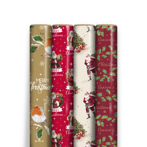 4 Rolls Traditional Christmas Wrapping Paper 7M With 32 Matching Tags 1
