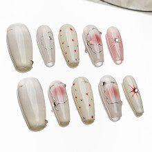 Sun&Beam Nails Handmade Press-on Medium Coffin Ballerina Silver Pink White Dot Ombre Rhinestone Design Fashion False Nail Tips 10 Pcs Set (#180 XS)