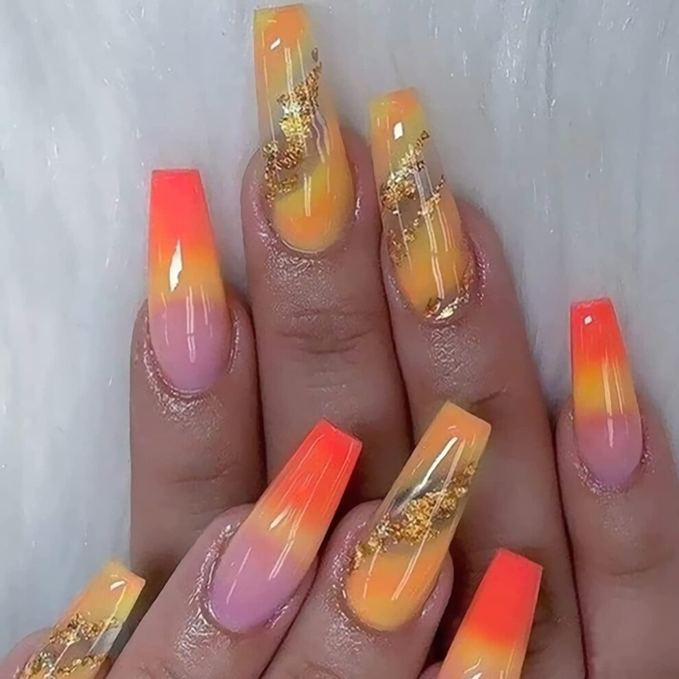Imsohot Gold Long Press On Nails Coffin French Tip Fake Nails Yellow Orange Gradient False Nails With Foil Designs Clear Glossy Glue On Nails