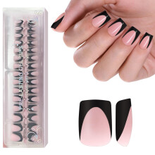 Jsiallye Roze Diepe Franse Tip Druk op Nagels 150 Stuks Zwarte Franse Druk op Nagel Kort Vierkant Vooraf aangebrachte Primer & Top Coat 4 in 1 Gel Na