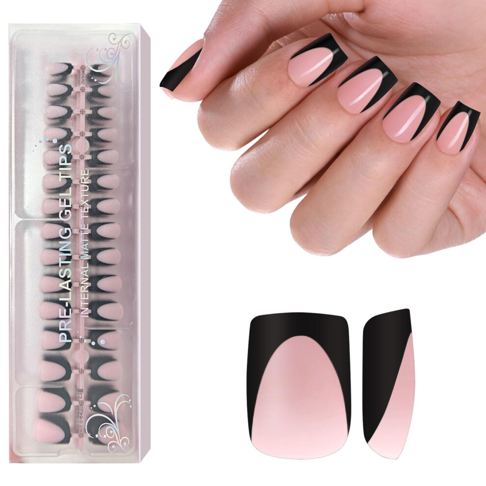 Jsiallye Pink/Black Deep French Tip Press On Nails 150Pcs French Press On Nail Short Square Pre-Applied Primer & Top Coat 4 In 1 Gel Nail Tips Soak