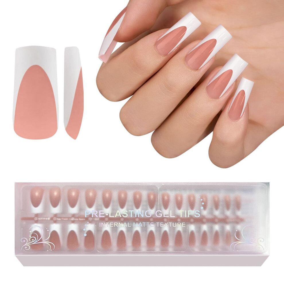 Jsiallye White,Brown Brown Deep French Tip Press On Nails 240Pcs White French Press On Nail Long Square Pre-Applied Primer & Top Coat 4 In 1 Gel Nail Tips Soak