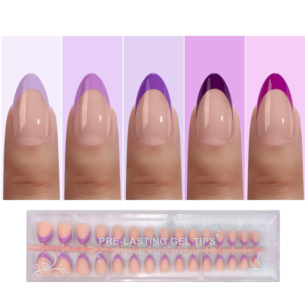 Jsiallye Purple French Tip Press On Nails 150Pcs French Press On Nails Short Almond Pre-Shaped Soft Gel Nail No Need To File 3 In 1 Tips Fake Nail