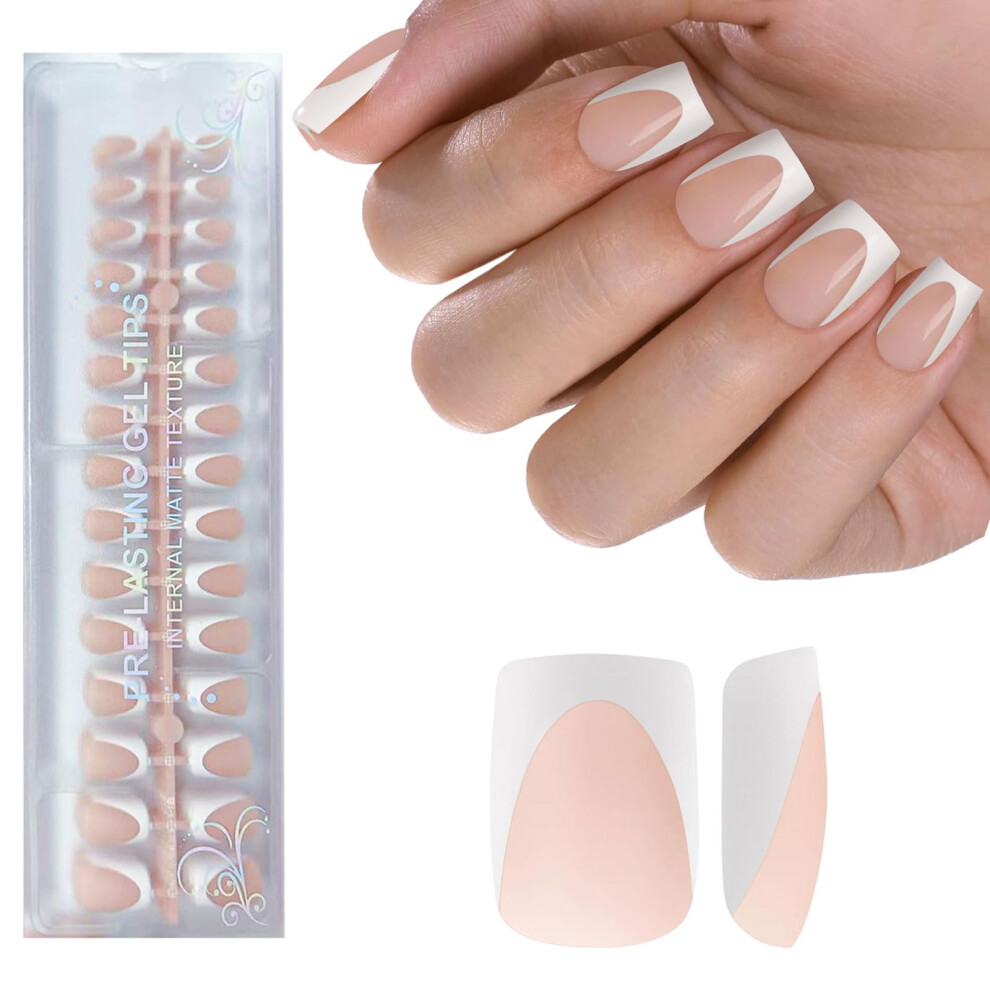 Jsiallye White,Cream Nude Deep French Tip Press On Nails 240Pcs White French Press On Nail Short Square Pre-Applied Primer & Top Coat 4 In 1 Gel Nail Tips Soak