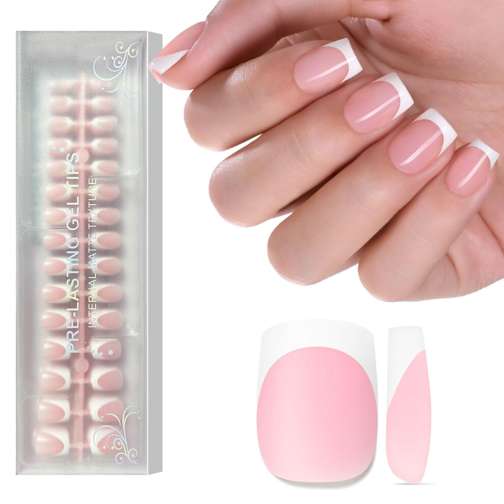 Jsiallye Pink/White French Tip Press On Nails 240Pcs French Press On Nail Short Square Pre-Applied Primer & Top Coat 4 In 1 Gel Nail Tips Soak Off A
