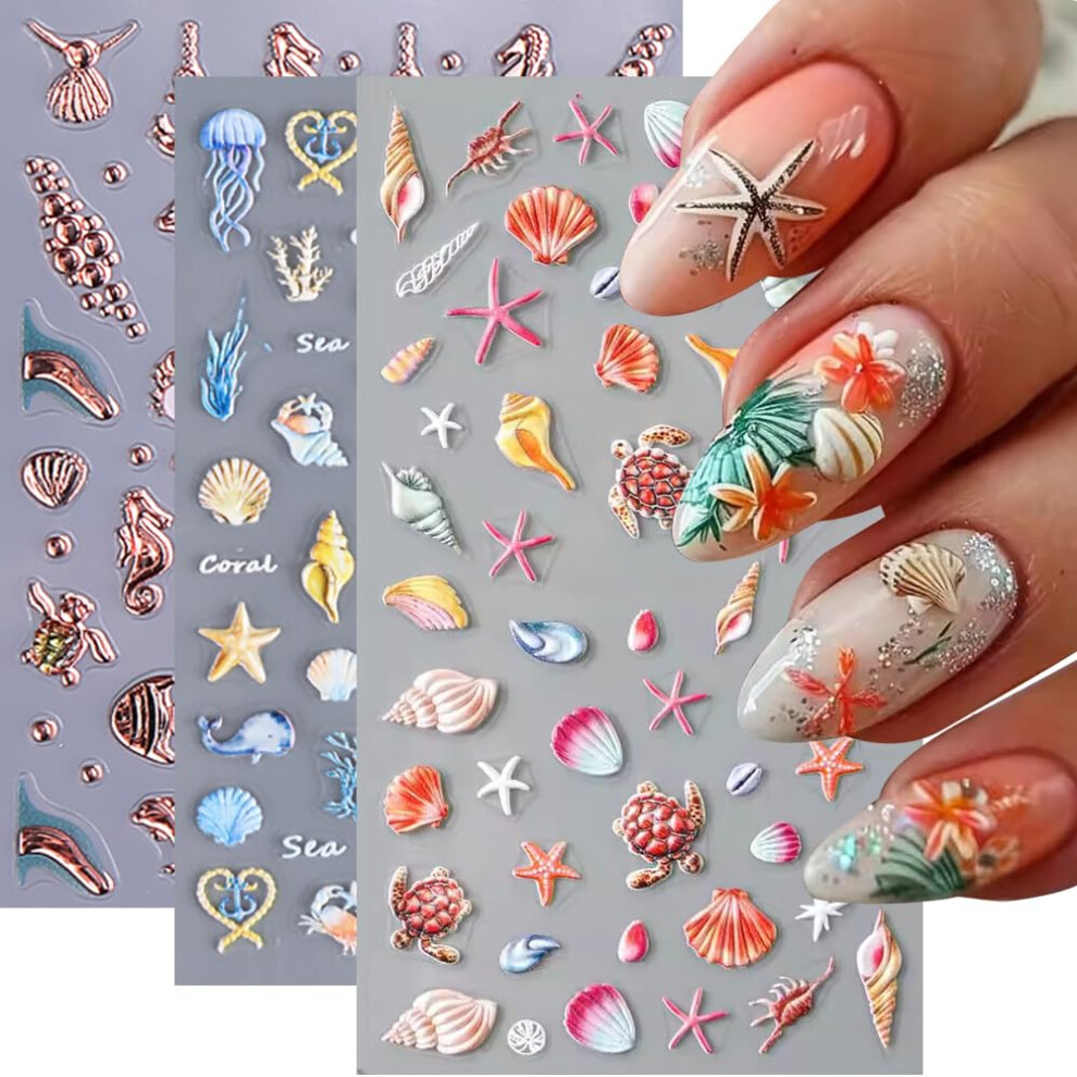 Qdsuh Gold Summer Nail Stickers For Nail Art 5D Embossed Ocean Nail Decals Seashell Starfish Fish Seahorse Jellyfish Shark Tropical Nail Design Summer Nai