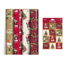 4 Rolls Traditional Christmas Wrapping Paper 7M With 32 Matching Tags