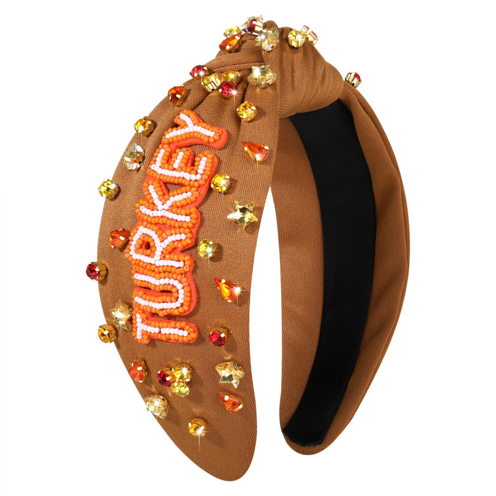 Boderier Unisex Thanksgiving Headbands For Women Beaded Turkey Headband Jeweled Crystal Embellished Wide Knotted Headband Fall Holiday Hairband Hair Accesso