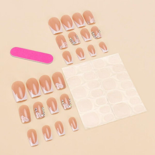 Unhas Postiças Quadradas Brancas com Pontas Francesas e Design Floral 24 Pcs 1