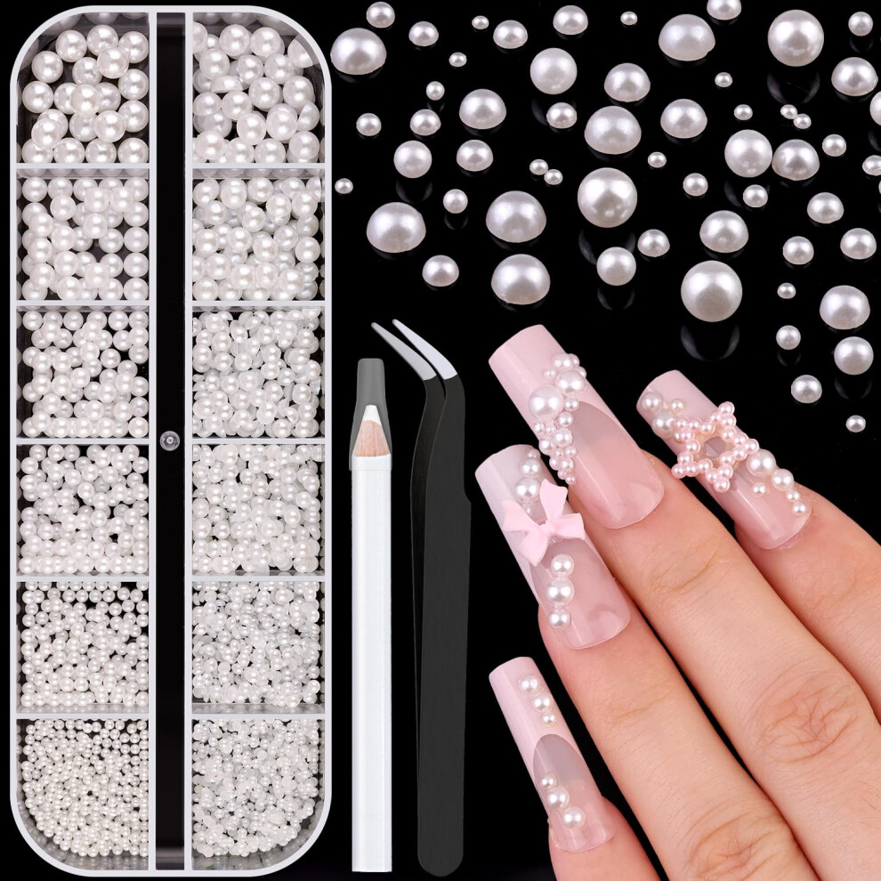 Belleboost White 1 Box Nail Pearls Kit For Nail Art Pearl Nail Charms For Nails Design (Flatback+Round) Nail Charms And Gems For Acrylic Tips Manicure Decor W