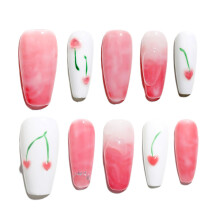 Sun&Beam Nails Handmade Press-on Medium Coffin Ballerina Pink Green White Minimalist Flower Gradation Design Fashion False Nail Tips 10 Pcs Set (#171