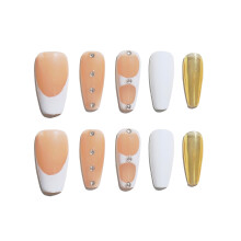 Sun&Beam Nails Handmade Press-on Medium Coffin Ballerina Nude Beige Gold White French Rhinestone Design Fashion False Nail Tips 10 Pcs Set (#179 XS)