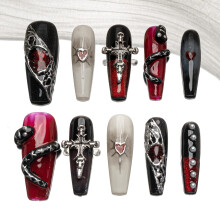 Sun&Beam Nails Handgemaakte Press-on Lange Doodskist Ballerina Rood Wit Zwart Zilver Glam Halloween Ombre Design Mode Kunstnageltips 10-delige set (#