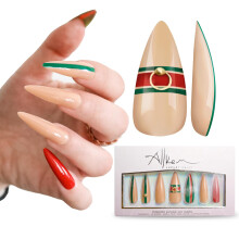 Allkem Bee Stripe Sculpted Stiletto Press na nehty | Leskl extra dlouh jehlov | 10 velikost - 20 ks Sada na nehty s lepidlem