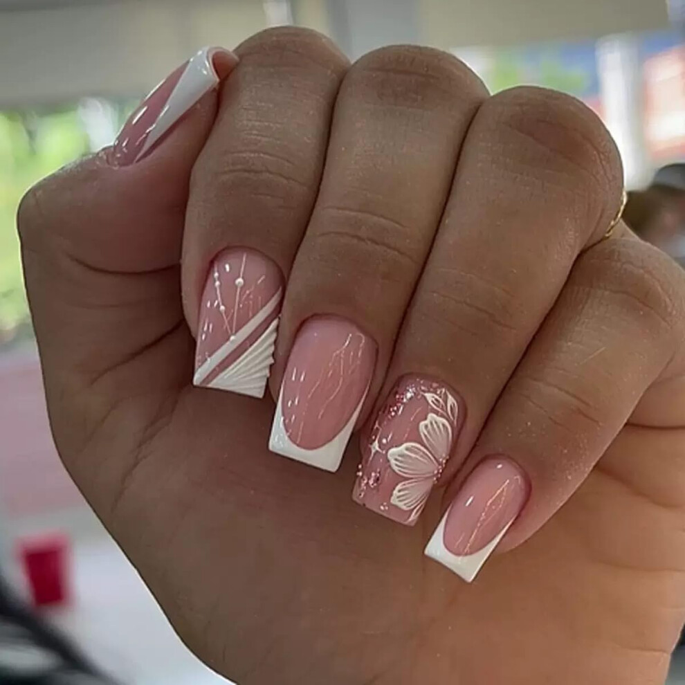 Spnbcq White Medium Press On Nails Square Fake Nails Frendh Tip False Nails Flower Glossy Glue On Nails For Women 24Pcs