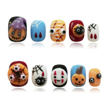 Unhas Kawaii Ghost Artesanais - Halloween 3D Coloridas com Abóbora, Teia de Aranha & Olho, Unhas Falsas Curtas