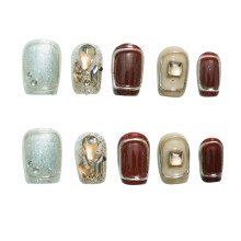 Unhas Press-On 3D Quadradas Curtas Feitas à Mão, Burgundy & Glitter Prata com Arte de Linhas Geométricas - 10Pcs