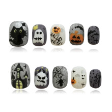 Unhas Postiças de Halloween - Unhas Falsas Curtas Cinza Brilhantes com Design de Abóbora, Fantasma e Gato Preto