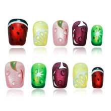 Unhas Postiças 3D de Melancia e Limão - Design Curto Quadrado, Conjunto Reutilizável de Acrílico (Festa de Frutas,S)