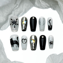 Sun&Beam Nails Handgemaakte Press-on Middellange Doodskist Ballerina Zwart Wit Handgeschilderde Strass Kitten Design Mode Valse nageltips 10-delige s