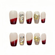 Tesytto Short Coffin Red French Tip Press On Nails - Nah zlat trpytky s 3D kamnkovm dekorem Rucne vyrben nehty na svatebn prty (Wine Red Roma